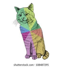 isolated sitting multicolored cat on white - illustration