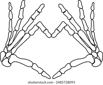 Isolated Skeleton Hand Illustration with Heart Sign. Detailed Scan for Anatomy Posters, Romantic Invitations, and Halloween Party Prints