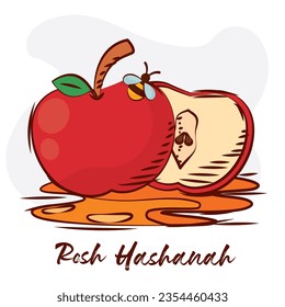 Isolated sketch of apples with honey and a bee Rosh Hashanah Vector