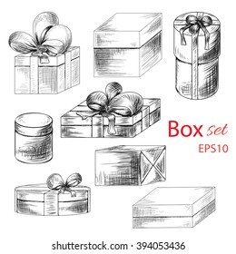 isolated sketch boxes for presents. colorless vector illustration on white background