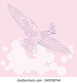 isolated sketch of a flying bird with a sprig on a pink background, spring concept, vector illustration drawn by hand