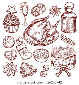 Isolated sketch food elements set with hand drawn style images of new years eve holiday feast vector illustration