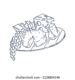 Esbozo aislado de uvas y vectores de queso