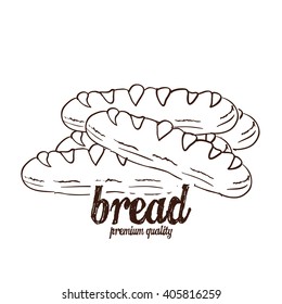 Isolated sketch of a group of breads on a white background with text
