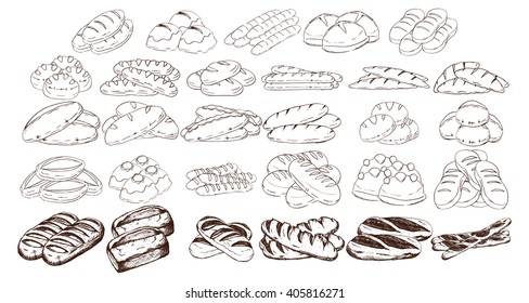 Isolated sketch of a group of breads on a white background