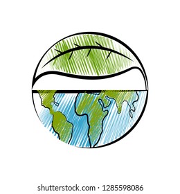 Isolated sketch of a half earth with a leaf. Vector illustration design