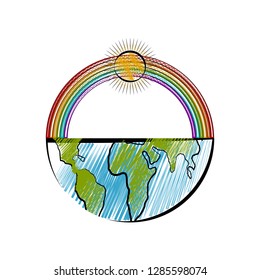Isolated sketch of a half earth with a rainbow. Vector illustration design