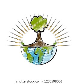 Isolated sketch of a half earth with a tree. Vector illustration design