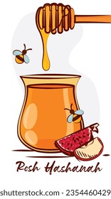 Isolated sketch of honey jar with bees and fruits Rosh Hashanah Vector