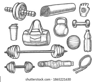 Isolated sketch icons of gym, aerobics, powerlifting equipment. Barbell and ball, bottle and ab wheel, yoga mat and glove, rod and skipping, jumping rope, bodybuilder belt. Exercise and training