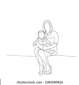 isolated sketch mom and baby sitting