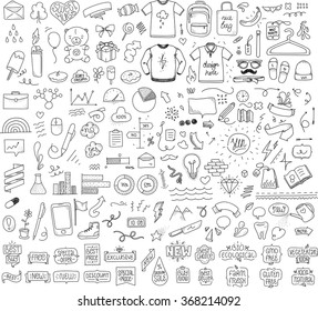 Isolated sketch objects bundle. Mega set of vector doodles. Hand drawn funny things. Black on white packground. Dotted.