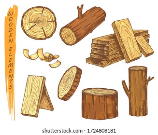 Isolated sketch of wooden elements in color