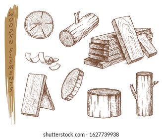 Isolated sketch of wooden elements, vintage lumber