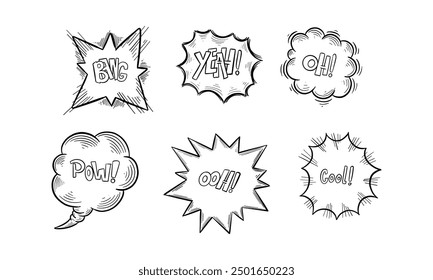 Isolated sketches of comic exclamation or onomatopoeia sounds, explosion bubble or approval clouds. Cartoon dialog boxes or hand drawn expressions, replica symbol. Bang, ooh, cool, yeah, pow, oh