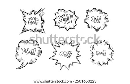 Isolated sketches of comic exclamation or onomatopoeia sounds, explosion bubble or approval clouds. Cartoon dialog boxes or hand drawn expressions, replica symbol. Bang, ooh, cool, yeah, pow, oh
