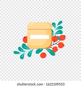 Isolated skin cream with cute fruits and spring leaves on transparent background. Skincare composition for cosmetics shop, social media in cartoon style. Vector Illustration