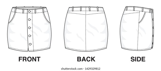 Isolated Skirt Dress object of clothes and fashion stylish wear fill in blank. Regular Leg Casual Trouser Buttoned Jeans Illustration Vector Template. Front, back and side view