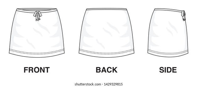 Isolated Skirt Dress object of clothes and fashion stylish wear fill in blank. Regular Leg Casual Trouser Cute Bow Ribbon Skirt Illustration Vector Template. Front, back and side view