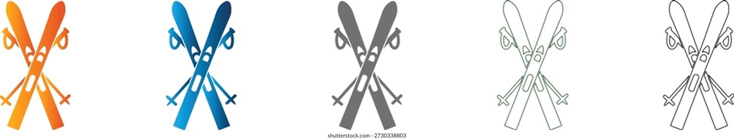 Ein isoliertes Skispaarflachsymbol im massiven schwarzen Vektorstil, Teil eines konsistenten und modernen professionellen Ikonensatzes für Winteraktivitäten.