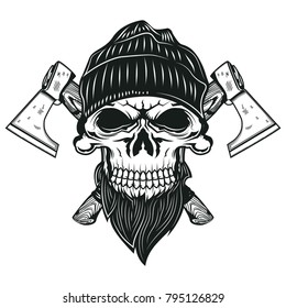 Isolated skull with a hat and a hat on, axes on the background.