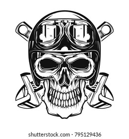 Isolated skull with a helmet and glasses on and wrenches on background.