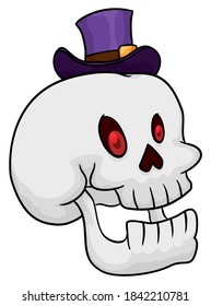 Isolated skull with red eyes and big smile, wearing a purple Halloween top hat, over white background