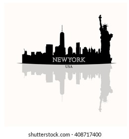 Isolated skyline of New York with a reflection on a white background