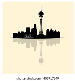 Isolated skyline of Seattle with a reflection on a white background
