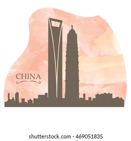 Isolated skyline of Shanghai on a colored background