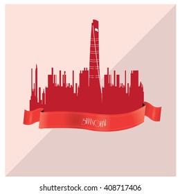 Isolated skyline of Shanghai with a ribbon with text on a colored background