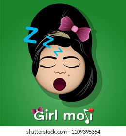 Isolated sleeping girl emoticon with black hair. Isolated emoticon on green background.