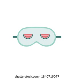 Isolated sleeping mask with watermelon slice design - cartoon sleep accessory with cute friut drawing on white background. Flat vector illustration of eye blindfold cover.
