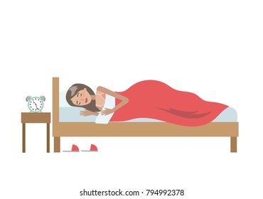 Isolated sleeping woman in bed on white background.