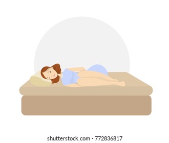 Isolated sleeping woman on bed on white background.