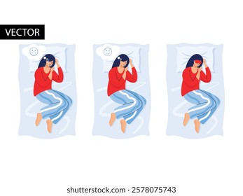 Isolated sleeping woman set. Many views of sleep. Front, side, top. Sleep on the side. Beautiful cartoon women Cute girl in pyjamas. Vector illustration. Good or bad sleeping, nightmare concept.