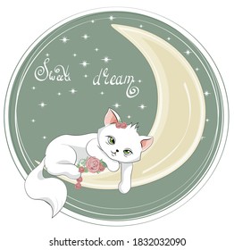 isolated sleepping baby girl cat. kitten in roses flowers, on moon. Picture in hand drawing cartoon style, for t-shirt wear print, fashion design, greeting card, party invitation