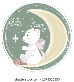 isolated sleepping baby Teddy bear, in roses flowers, on moon. Picture in hand drawing cartoon style, for t-shirt wear print, fashion design, greeting card, party invitation