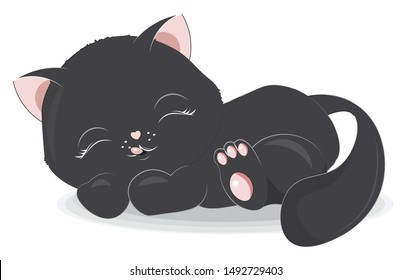 isolated sleepping black cat, little kitten. The picture in hand drawing style, can be used  for t-shirt print, wear fashion design, greeting card, baby shower.