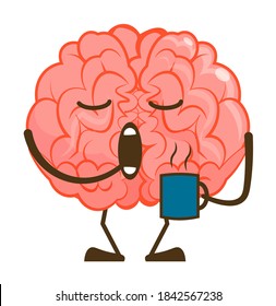 Isolated sleepy brain emoji with morning coffee cup yawning