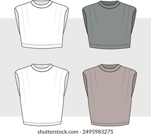 Isolated sleeveless jersey crop top - t shirt set with a round neck and shoulder pads. Fashion Cad design. Flat sketches technical drawings Illustrator vector template.