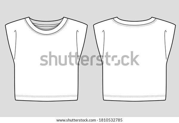 Isolated sleeveless jersey crop top with\
a round neck and shoulder pads. Fashion Cad design. Flat sketches\
technical drawings Illustrator vector\
template.
