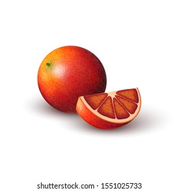 Isolated slice of red colorful orange and whole round citrus fruit on white background. Realistic colored juicy slice of bloody orange, tarocco.