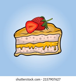 Trozo aislado de tarta sabrosa con fresa encima. Gráfico de ilustración vectorial.