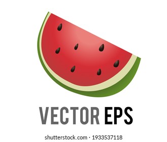 The isolated slice of vector red watermelon icon, showing red pink flesh, black seeds and green rind
