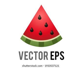 The isolated slice of vector red watermelon icon, showing red pink flesh, black seeds and green rind
