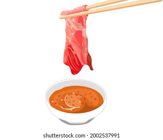 Carne aislada en rodajas y salsa fría. Un palillo de buey con salsa picante en trozos sobre fondo blanco. Ilustración vectorial de comida auténtica animada. Cierre el vector de hotpot. 