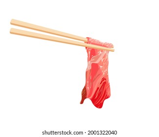 Isolated sliced Beef on white background. A chopsticks holding sliced beef . Anime authentic food vector illustration . Close up hotpot vector. 