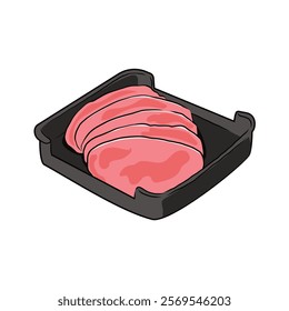 Isolated sliced Fresh Pork meat in black plate, vector hand drawing food ingredient illustration. Sliced meat, hight protein food, uncooked food hot pot ingredients. 