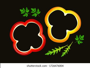 Trozos aislados de pimiento, arugula y perejil, vista superior. Anillos de capsicum amarillo y rojo, verduras frescas, alimentos orgánicos saludables. Ilustración vectorial, fácil de editar.